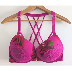 Cacique‎ Boost Plunge Bra Magenta Pink Rose Floral Strappy Front Close 34DD